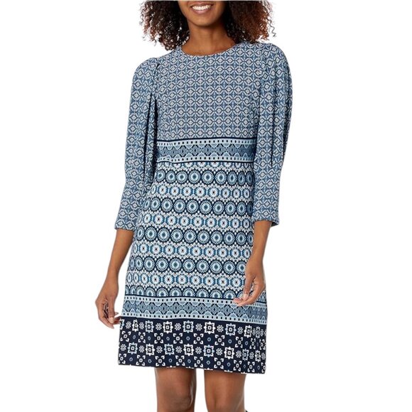 Vince Camuto blue patterned jersey sheath dress with balloon sleeve 2 NWT - Picture 1 of 13
